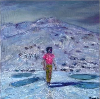 Carbon Footprint — oil on canvas, a figure walking a snowy mountain path
