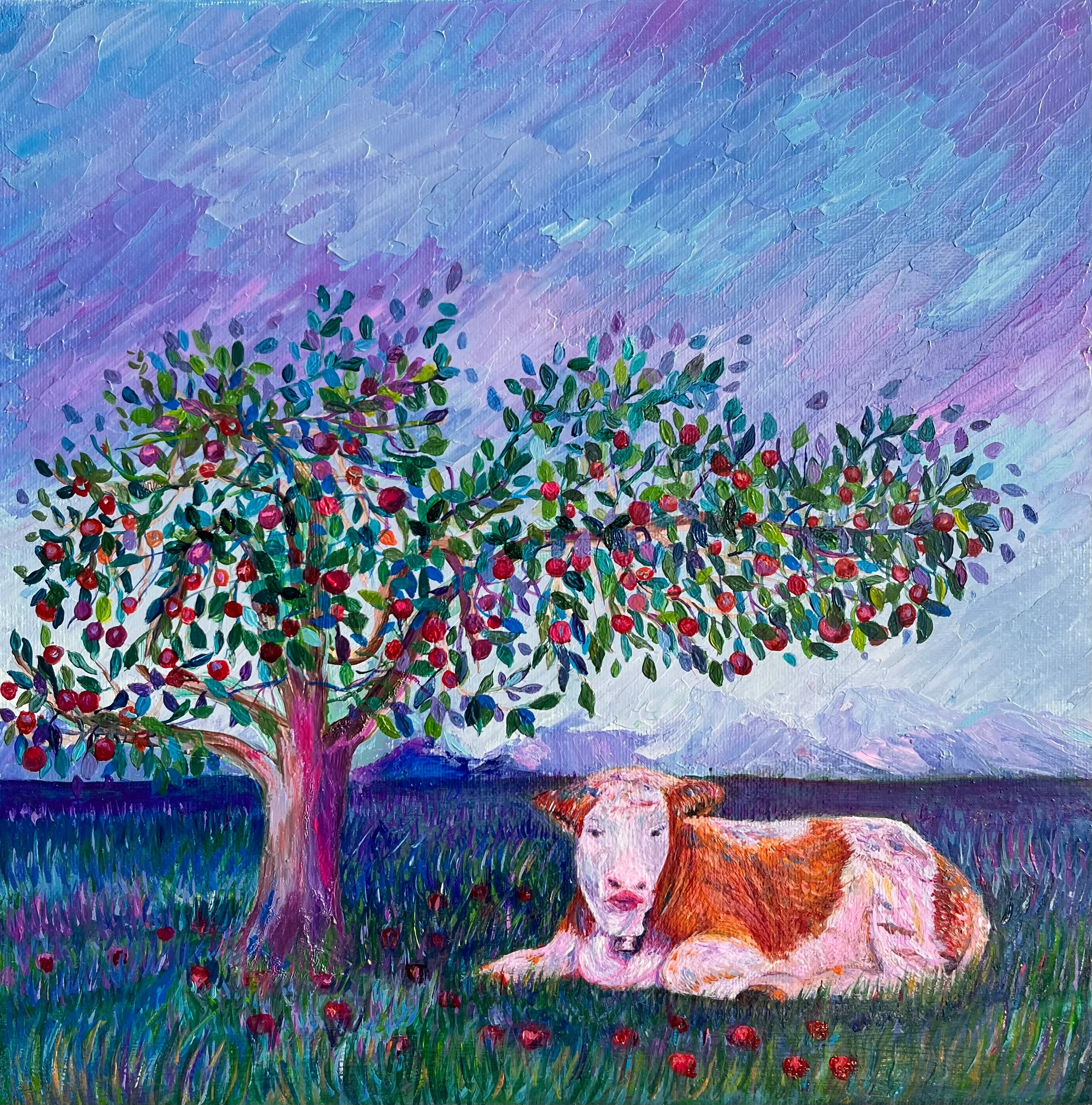 Suiza — oil on canvas, a cow resting under an apple tree