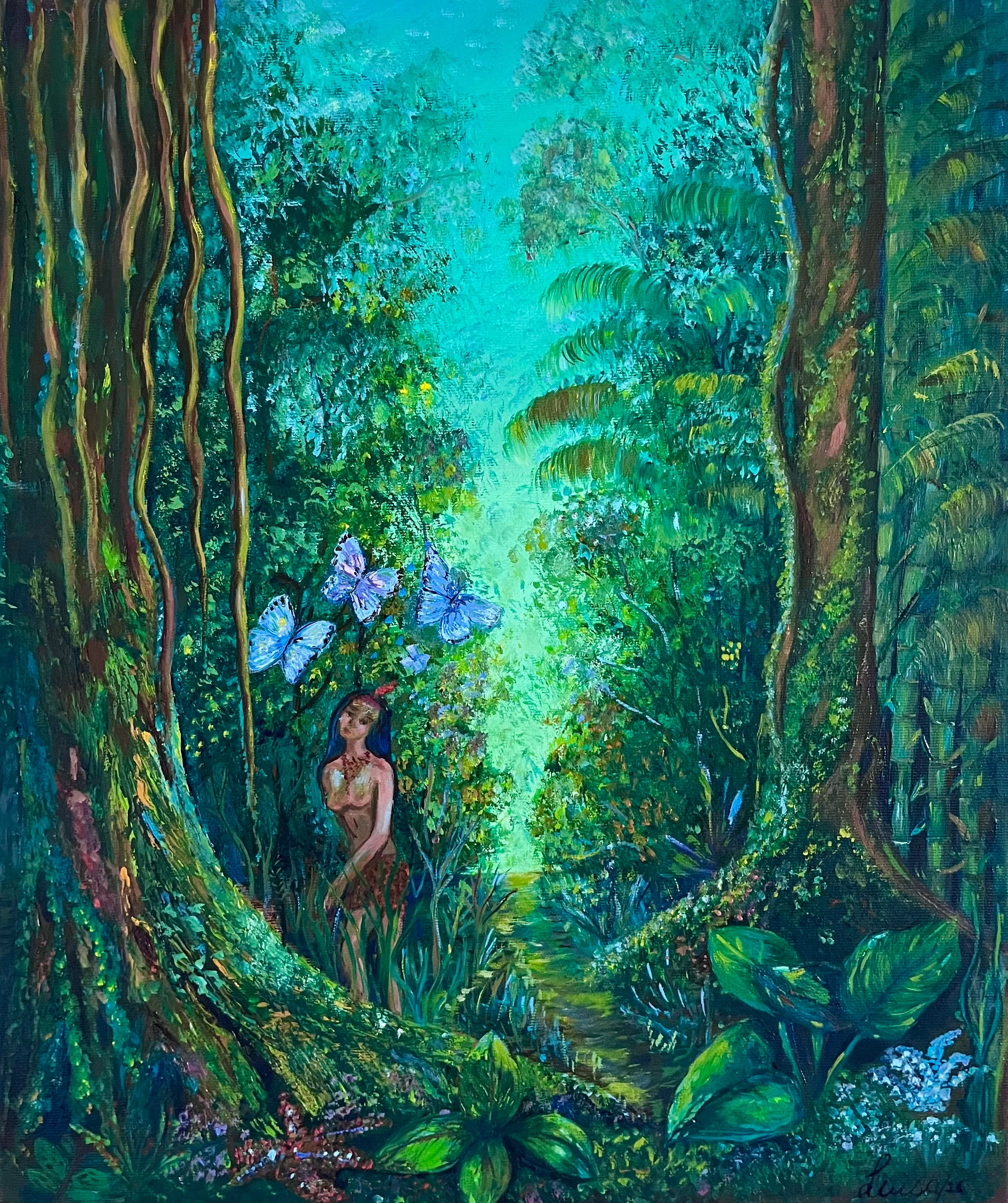 Sendero — oil on linen, a figure and blue butterflies on the cloud-forest path