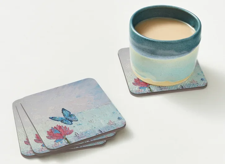 Smile Coaster — oil-print coaster of a butterfly over lotus flowers