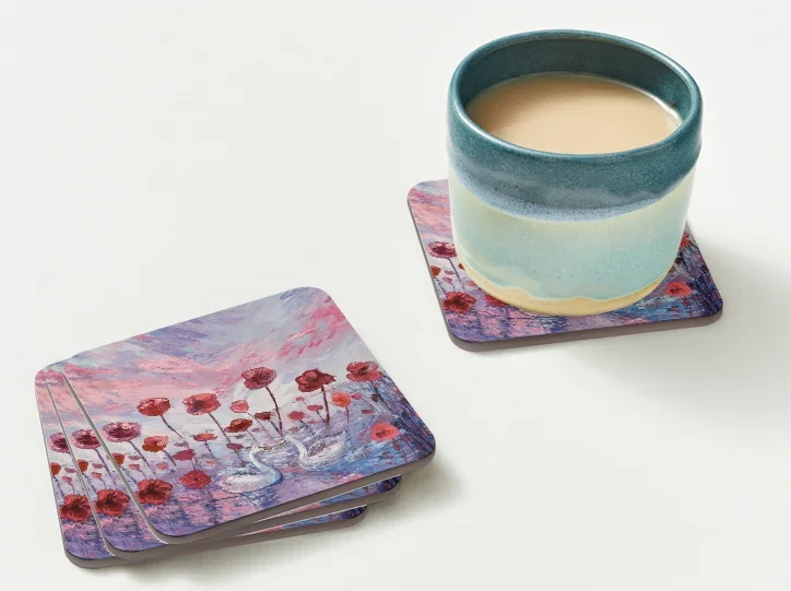 Swan Coaster — oil-print coaster of swans among poppies