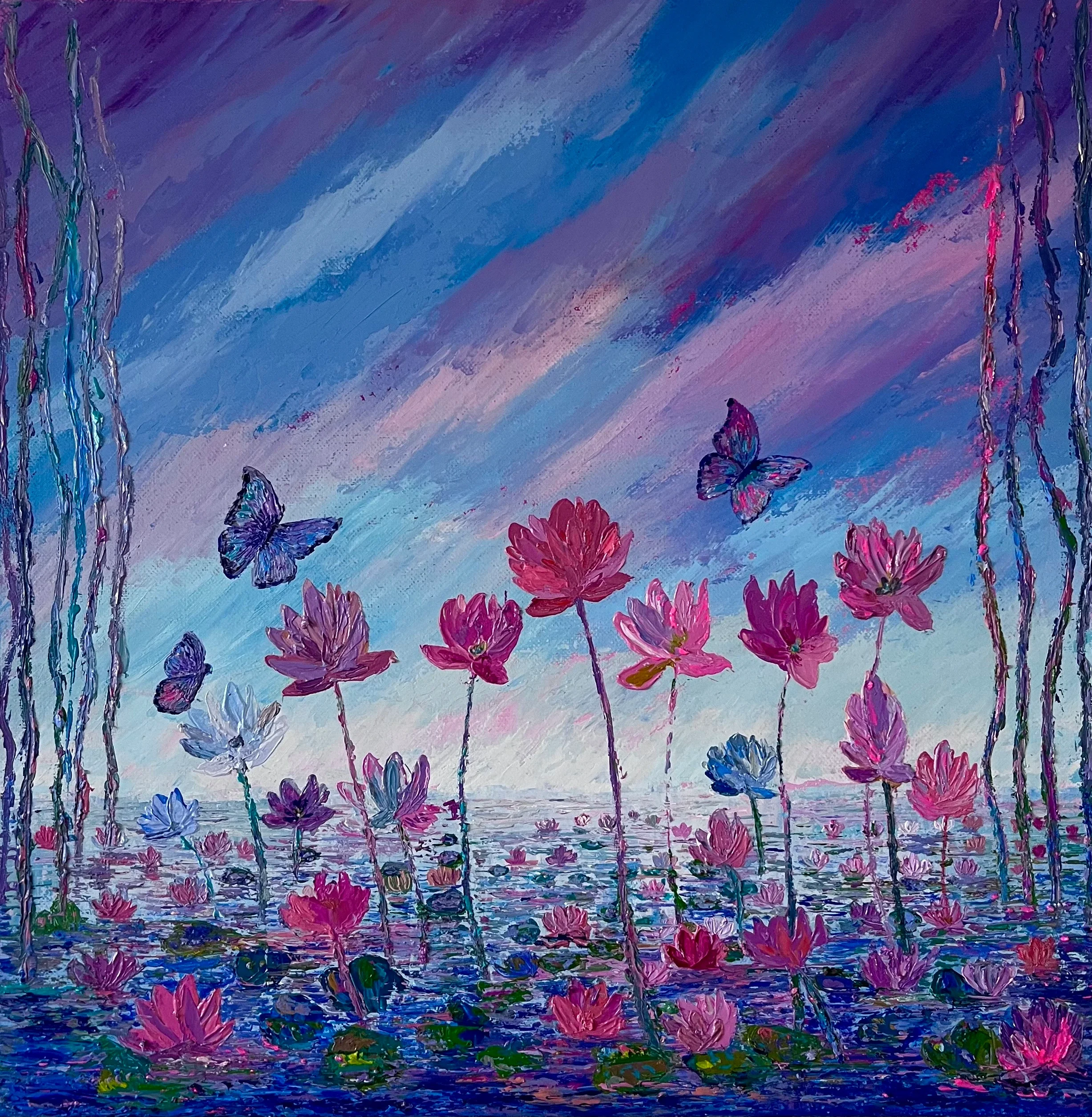 Smile — oil on canvas, lotus flowers and butterflies over water