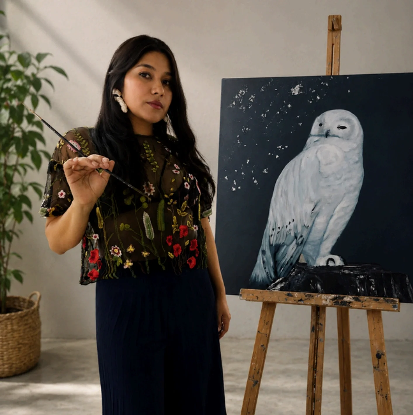 Luisa in the studio, brush in hand beside a painting of a snowy owl on an easel