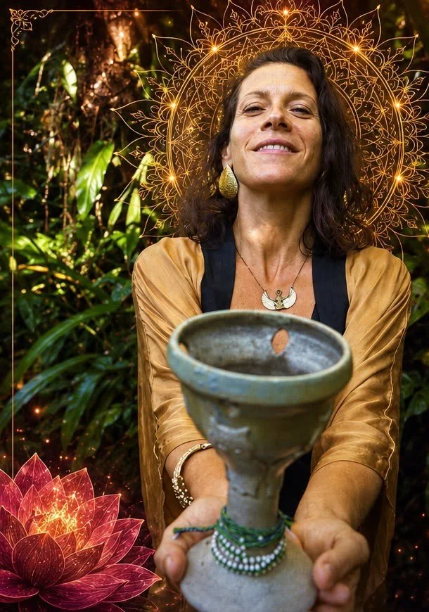 Catherine offering a ceremonial chalice, golden mandala light behind her