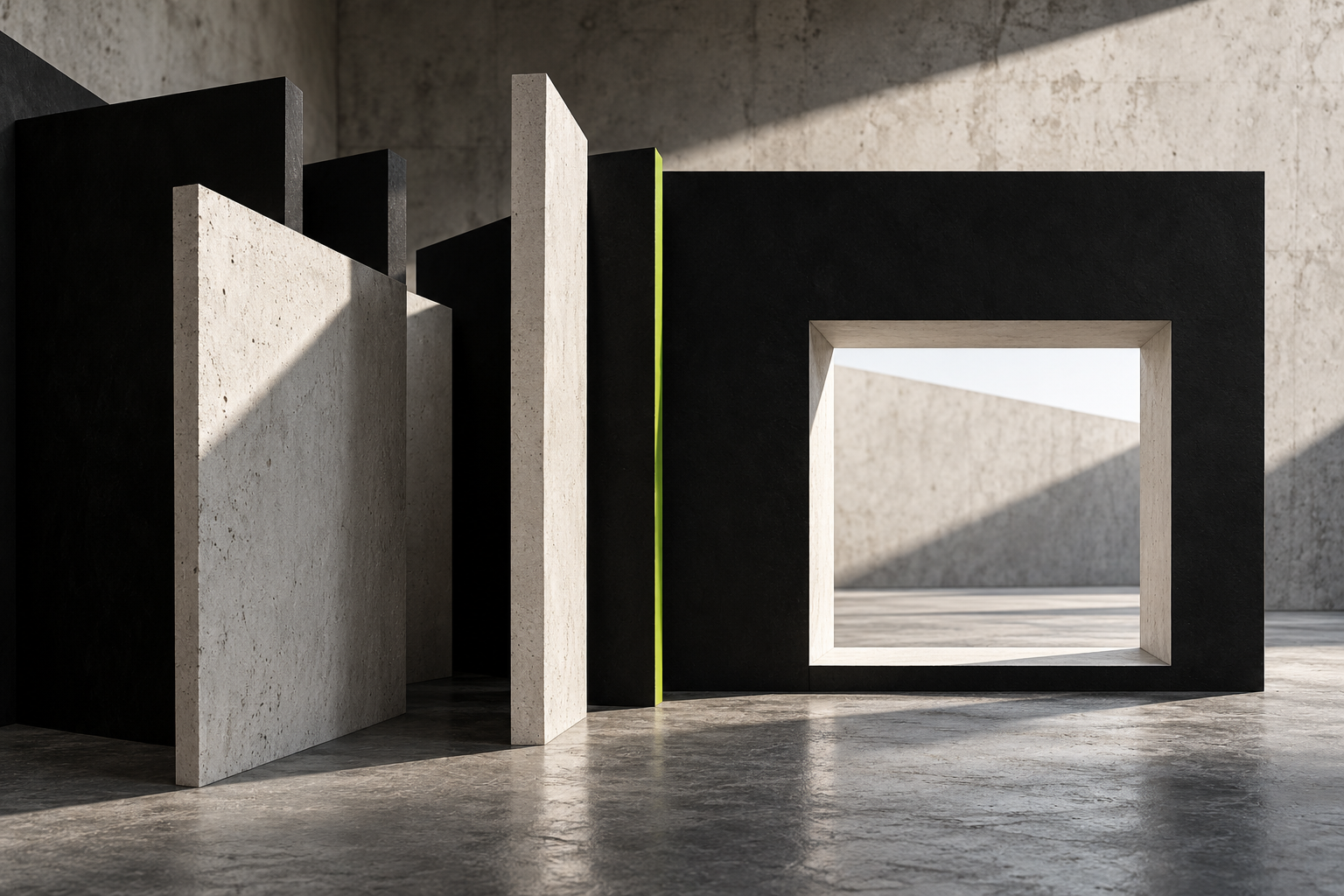 Sculptural forms align into a clear opening, with a bright volt edge