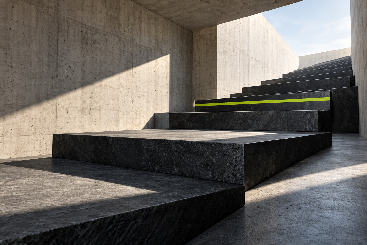 Strong architectural steps rise toward daylight, with a bright marker on the next step
