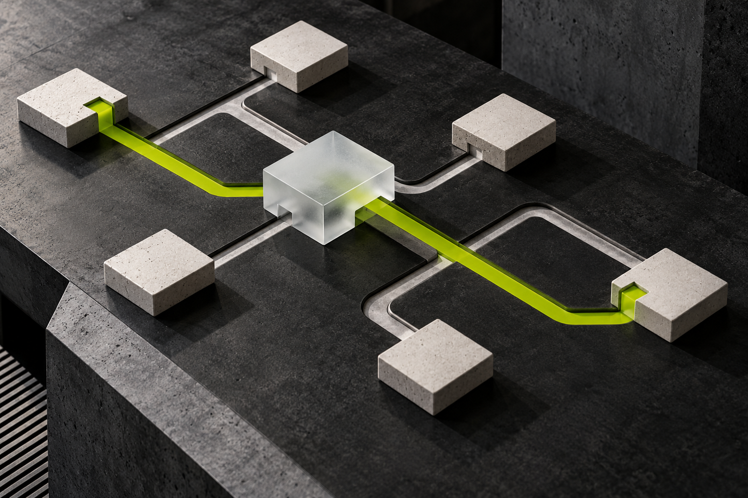 A bright workflow connects modular systems through a translucent decision point
