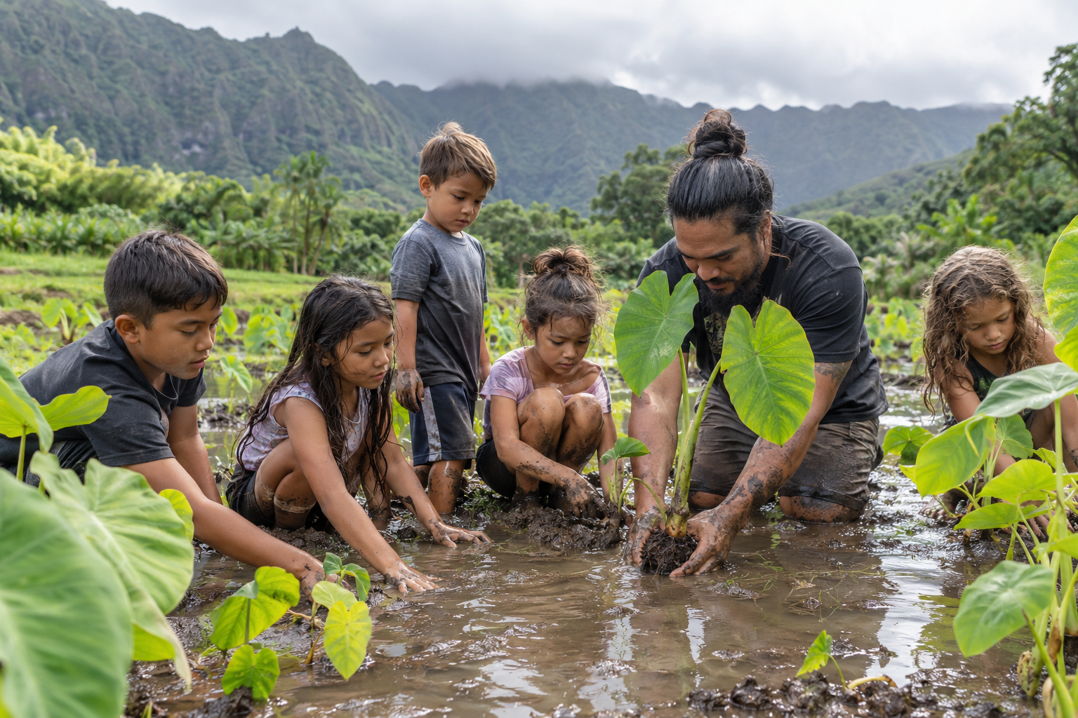 Kumuola Keiki learning in a taro field