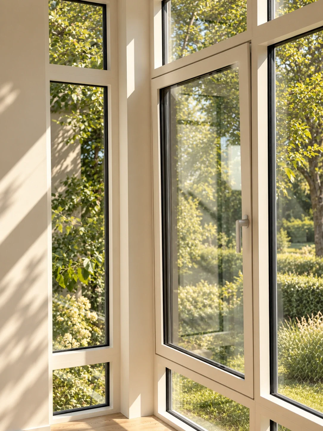 Refined architectural visualisation of an aluminium window in tilt position