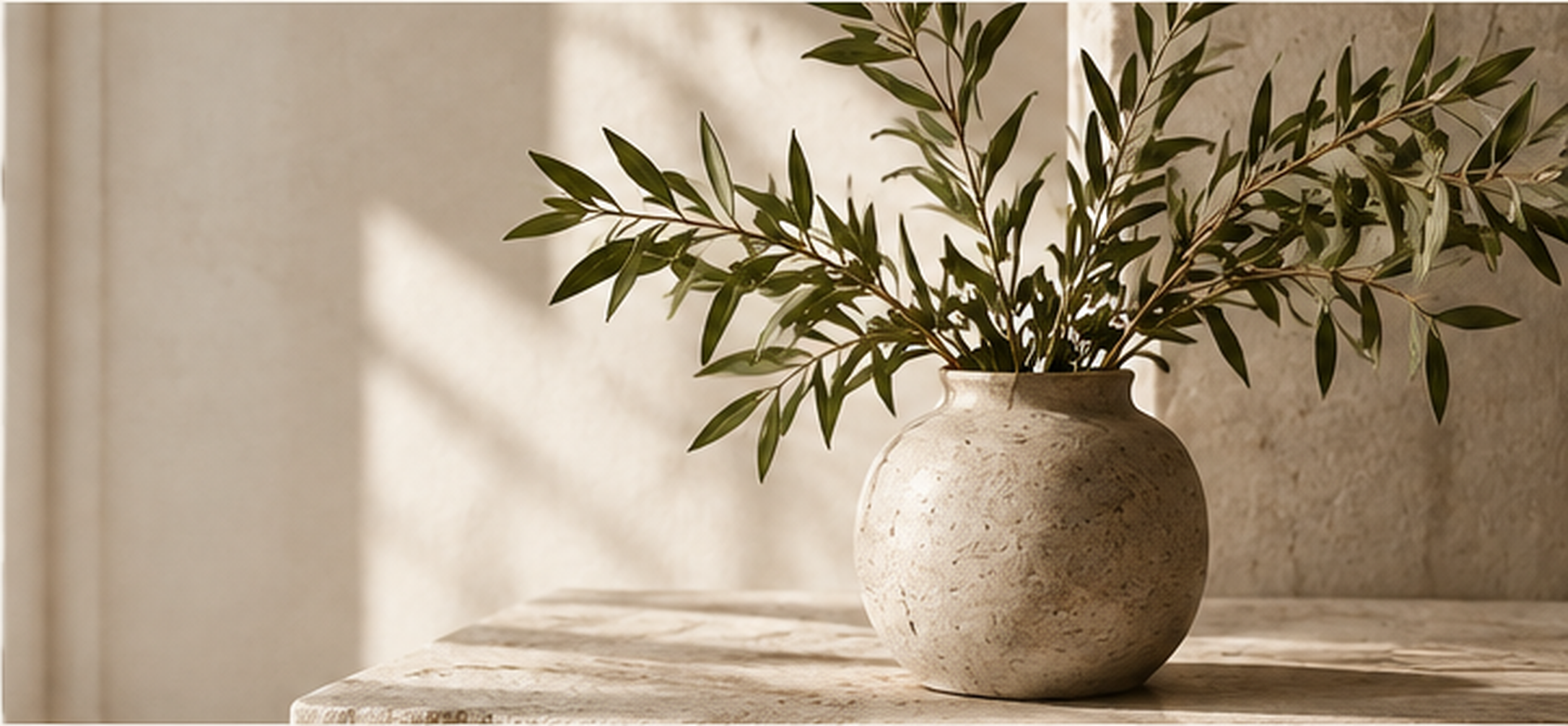Ceramic vase with leafy branches in warm natural light