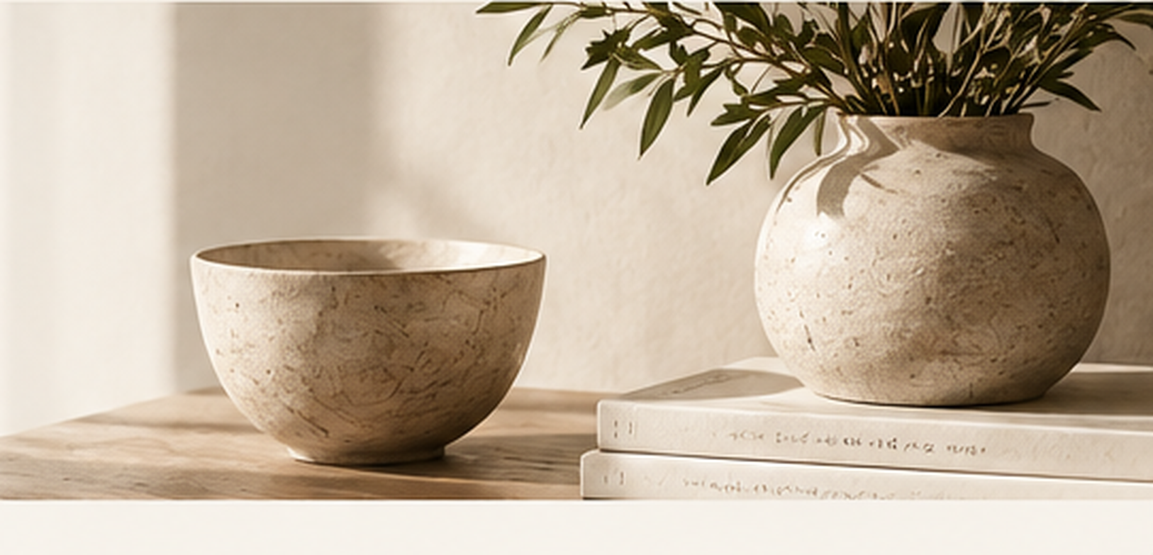Warm botanical still life with ceramic vessel and books