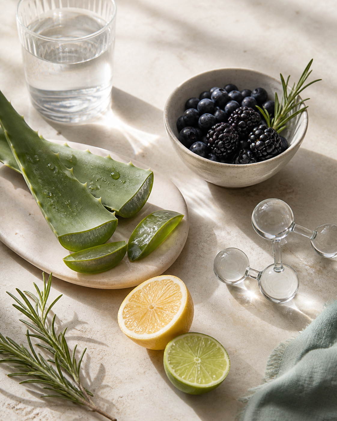 Botanical wellness still life with berries, citrus, aloe, and an abstract glass molecule