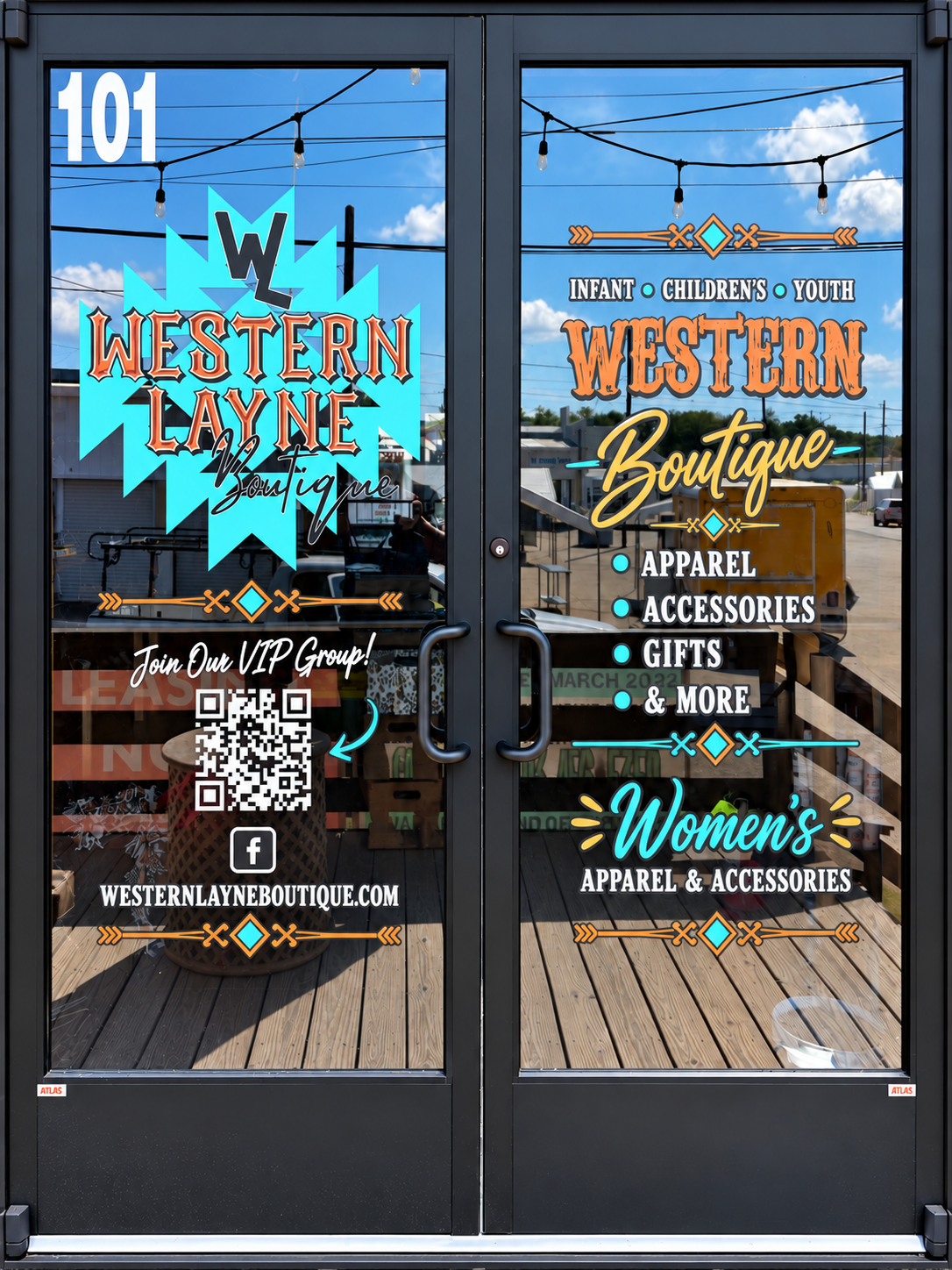 Custom storefront door graphics for Western Layne Boutique