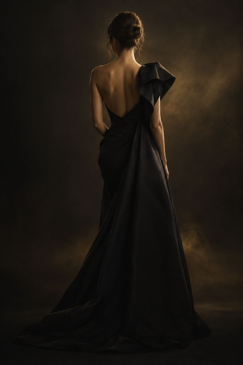 Luné editorial portrait in a sculptural black evening silhouette