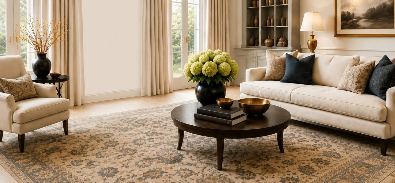 Living room with patterned rug