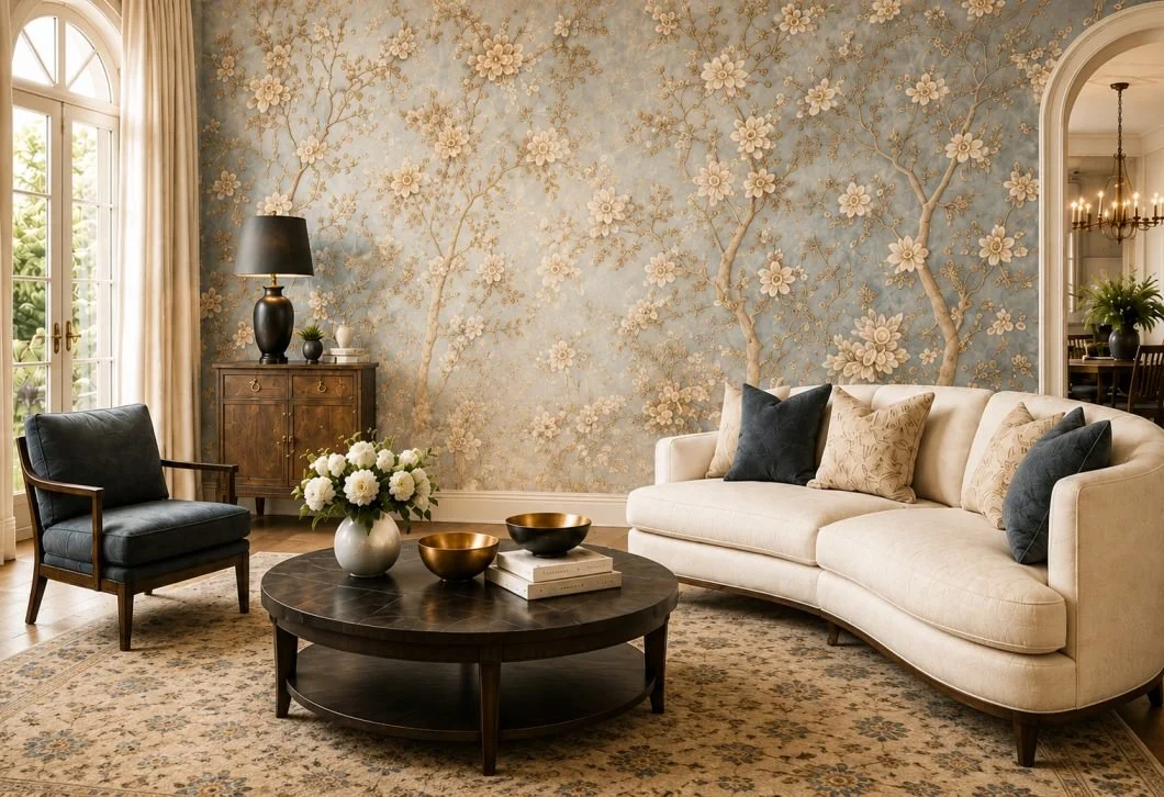 Living room with floral wallpaper