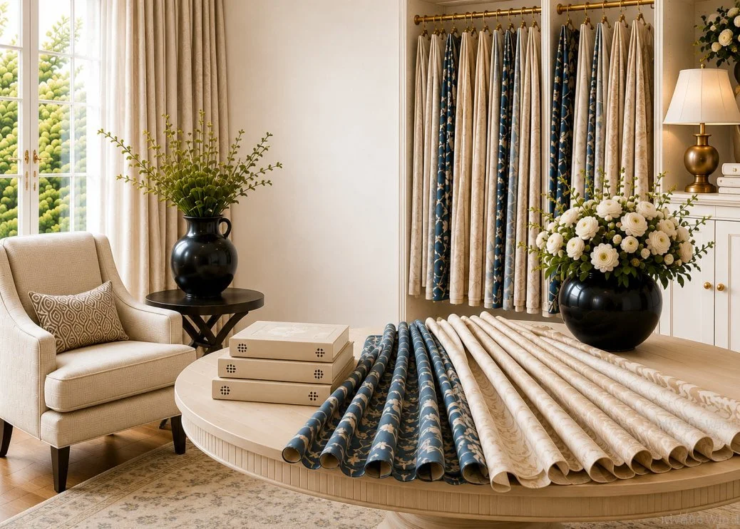 Living room with fabric drapery