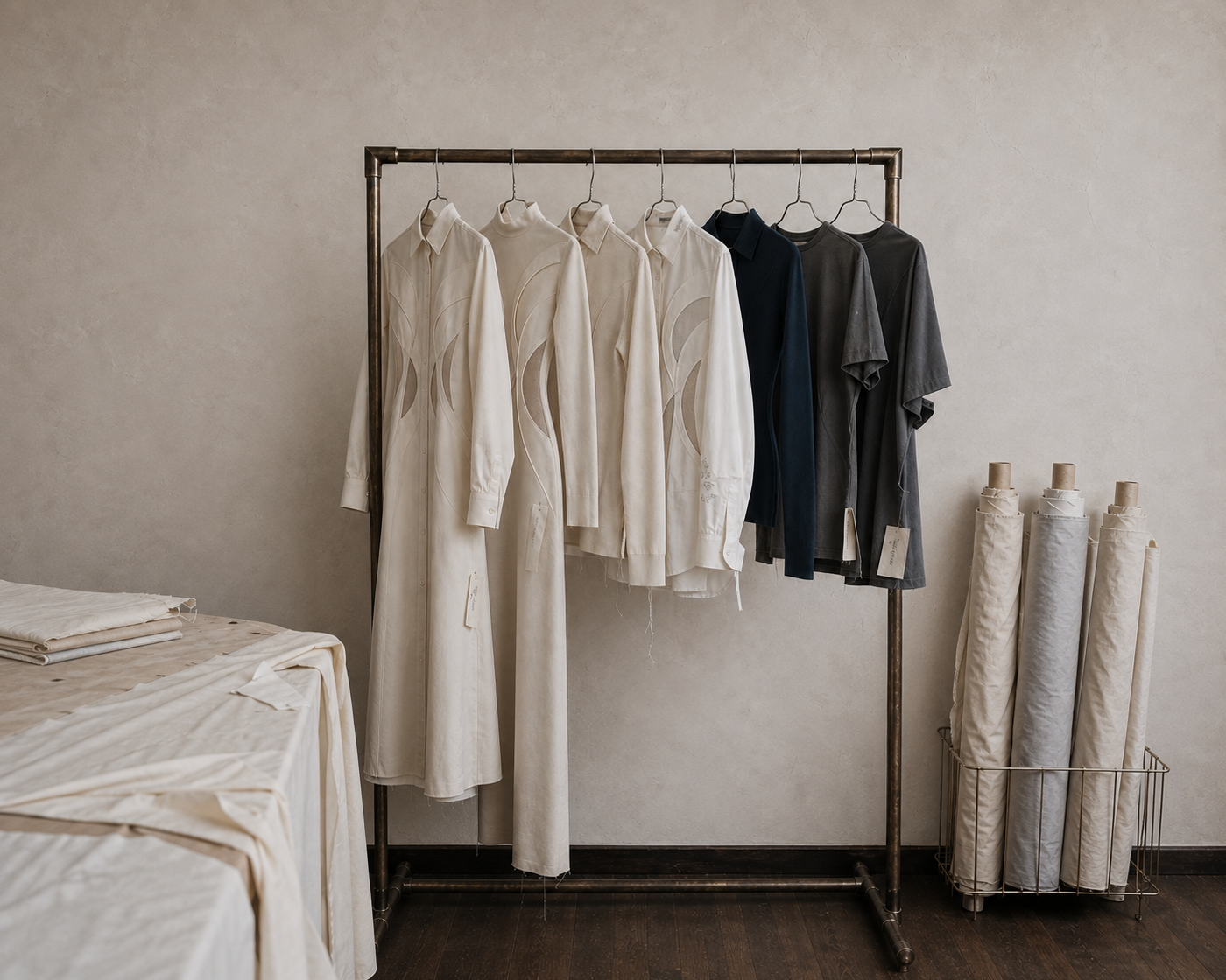 Ivory and dark Athanatos garments on a studio clothing rack beside fabric rolls