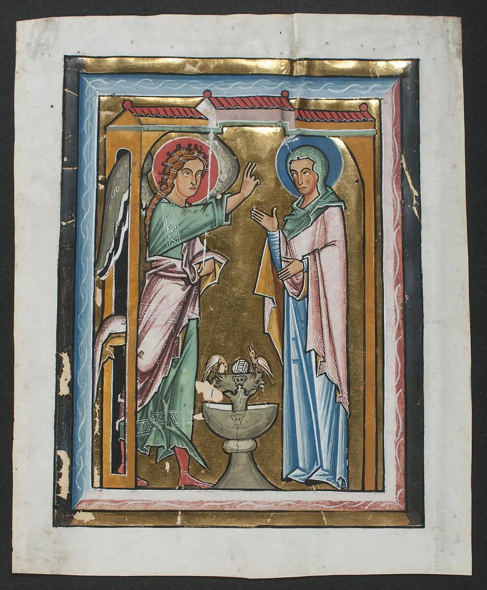 The Annunciation in a thirteenth-century German manuscript leaf, with Mary and the angel beneath an architectural arch.