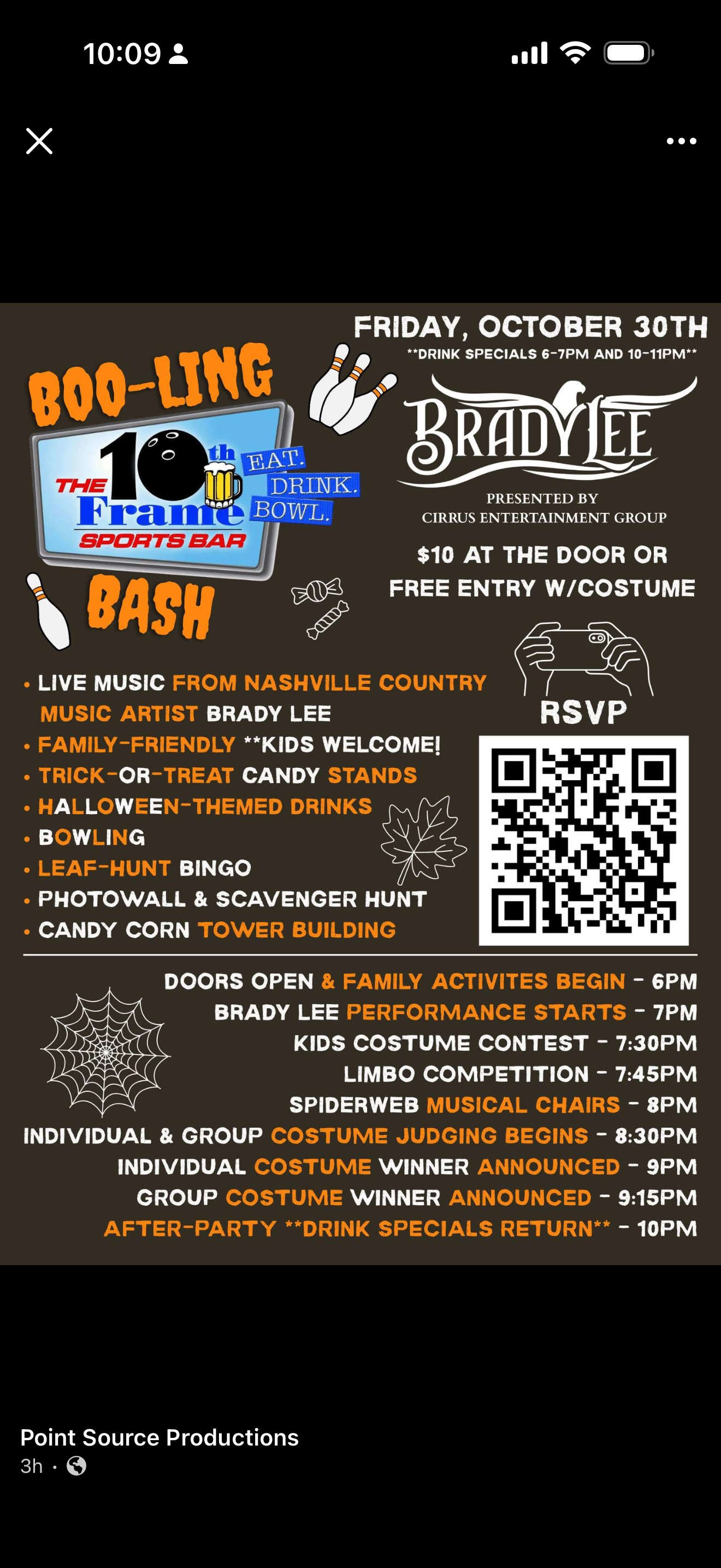 Boo-ling Bash flyer: Friday, October 30 at The 10th Frame — live music from Brady Lee at 7 pm, kids costume contest, trick-or-treat stands. $10 at the door or free entry with a costume.