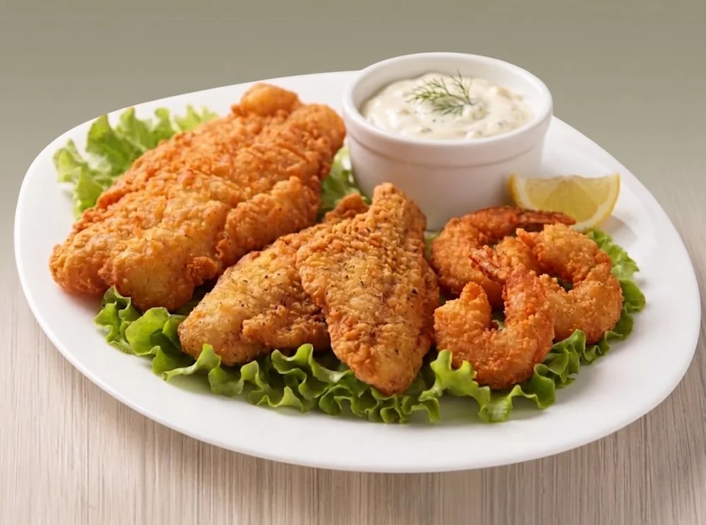 A Friday fish fry plate: breaded fillets and shrimp on lettuce with tartar sauce and a lemon wedge.