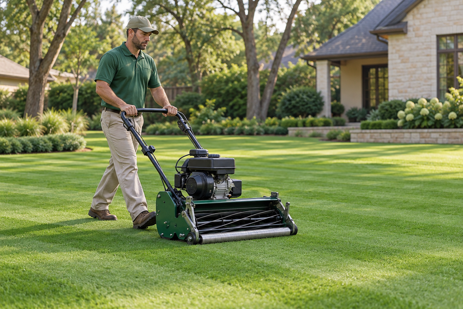 Illustration of a person using a reel mower on a healthy, closely cut lawn