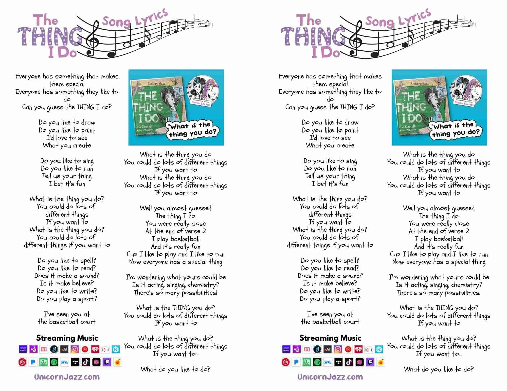 The Thing I Do song-lyrics sheet with the book cover and streaming-service logos.