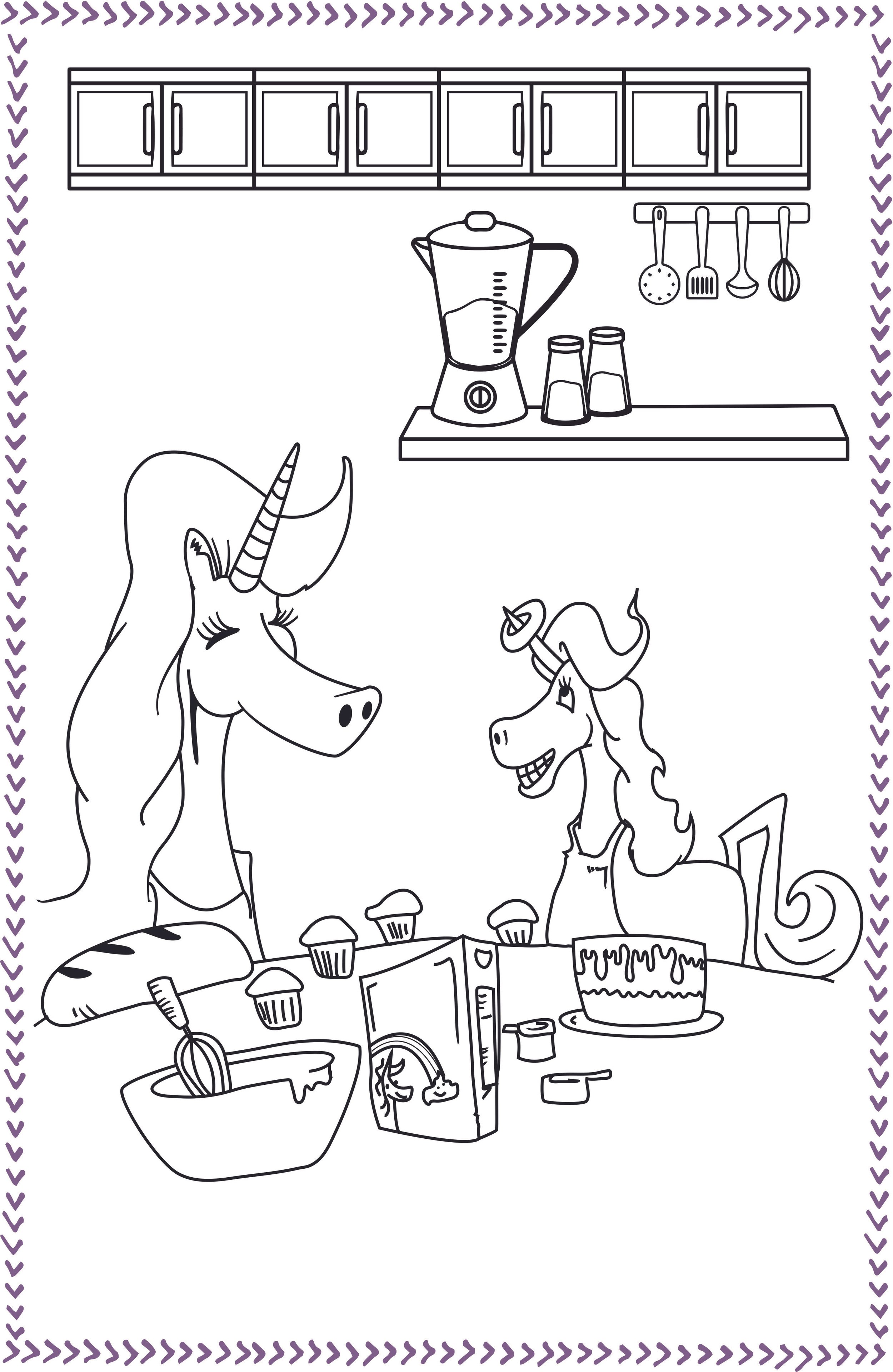 Two unicorns together at a kitchen table coloring page