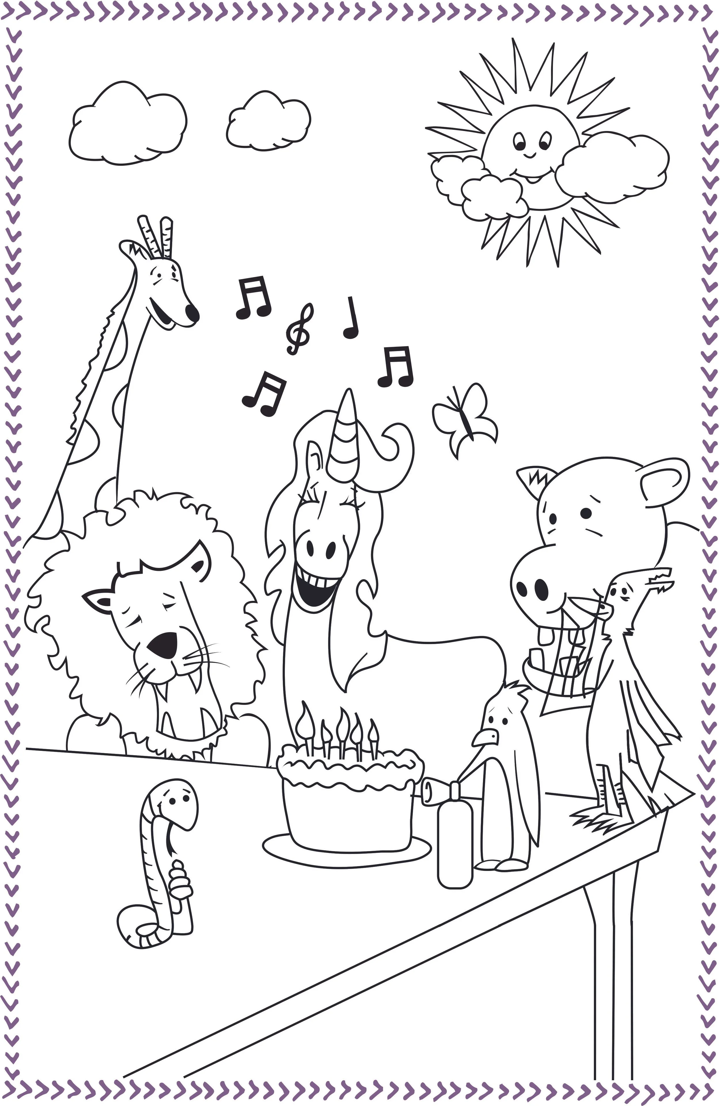 Unicorn Jazz birthday party coloring page