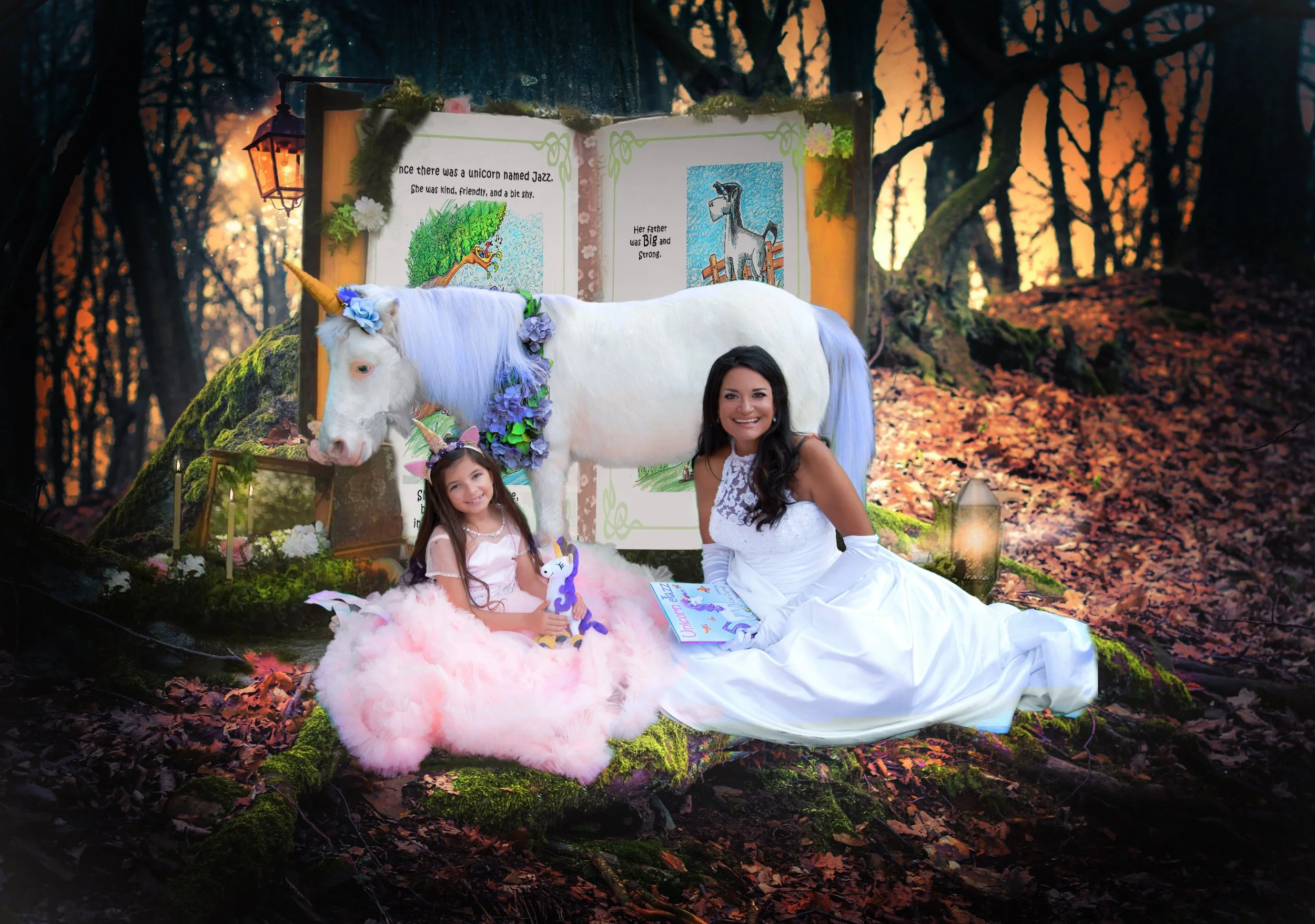Woman and child with a Unicorn Jazz book and plush beside a white pony wearing a horn, against a woodland storybook backdrop.