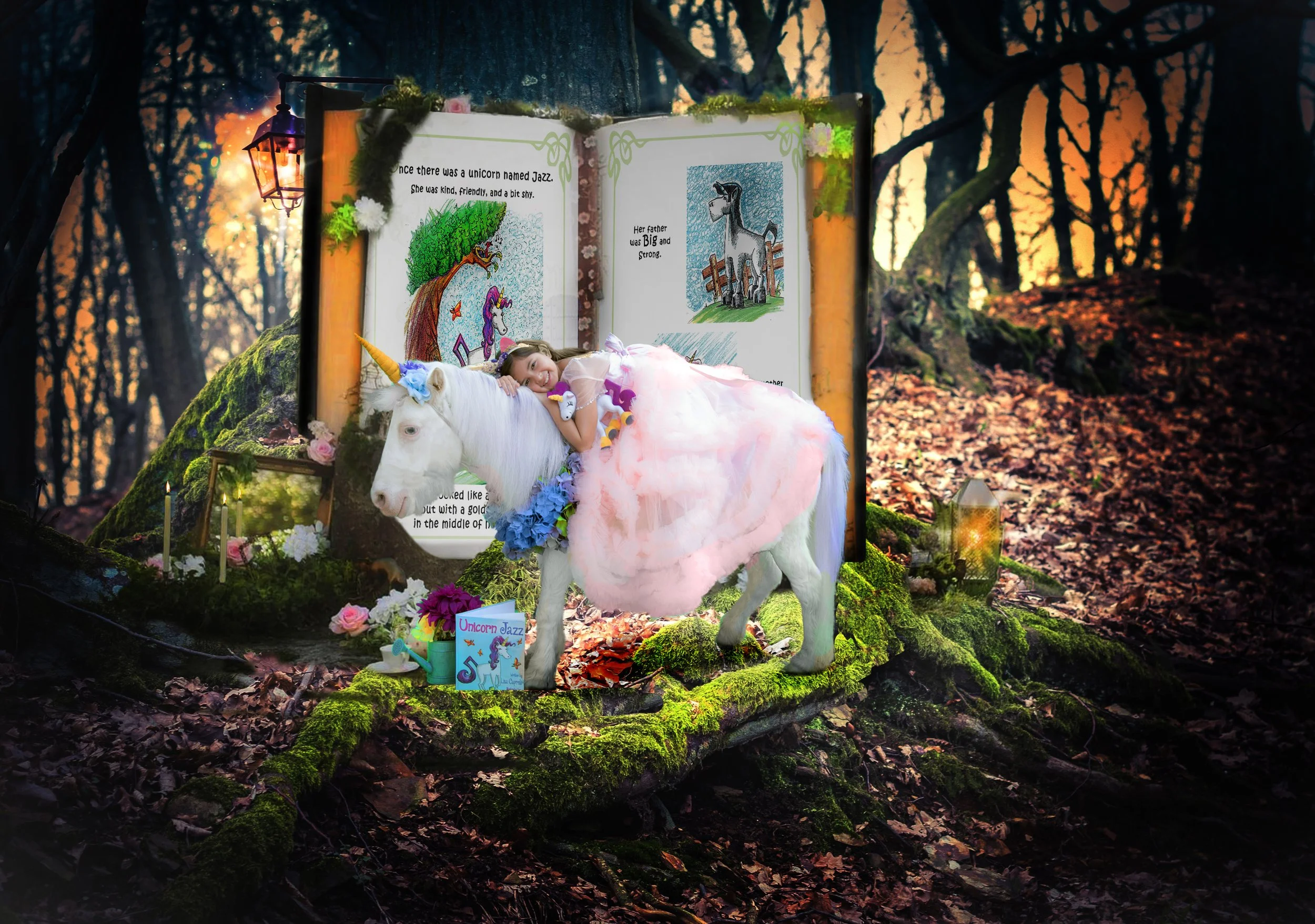 Child in a pink dress holding a unicorn plush while leaning over a white pony wearing a horn, against a storybook backdrop.