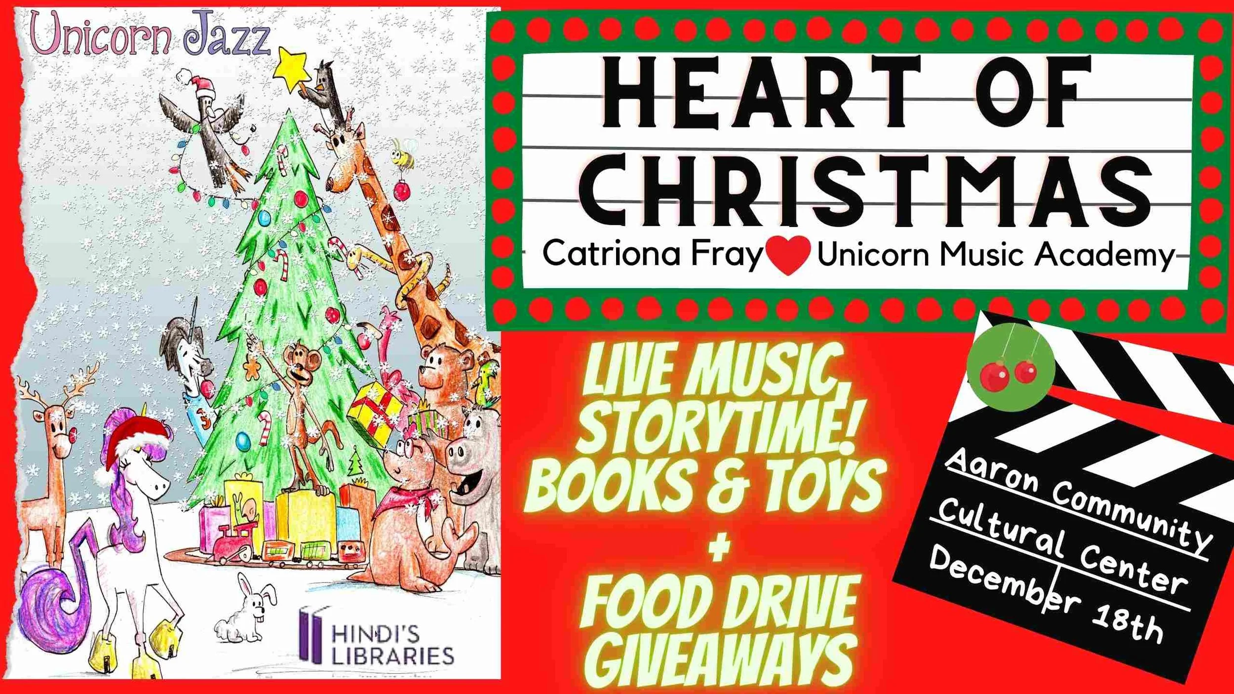 Heart of Christmas community event with music, story time, and book, toy and food donations