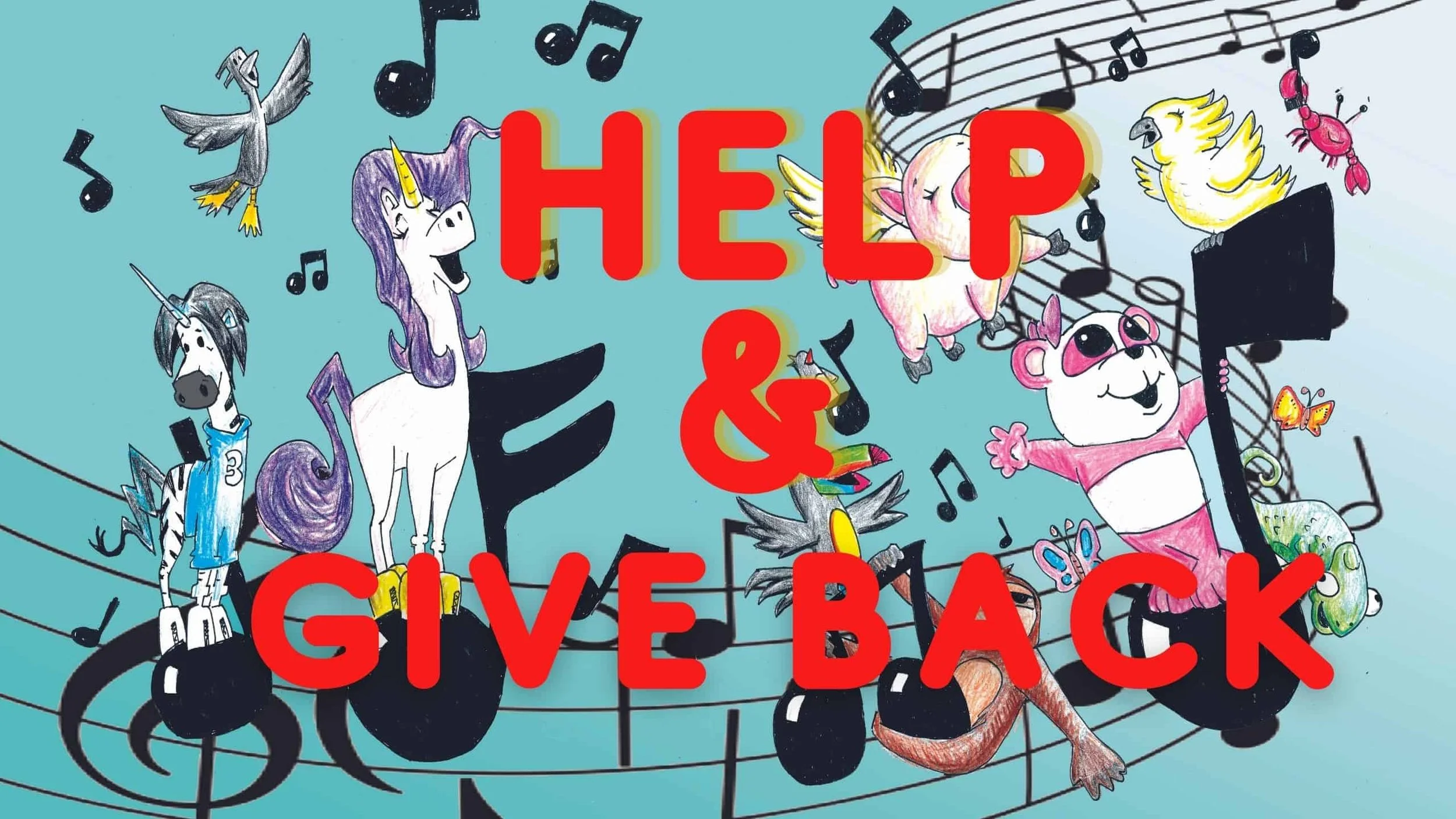 Help and Give Back artwork with Unicorn Jazz characters and musical notes