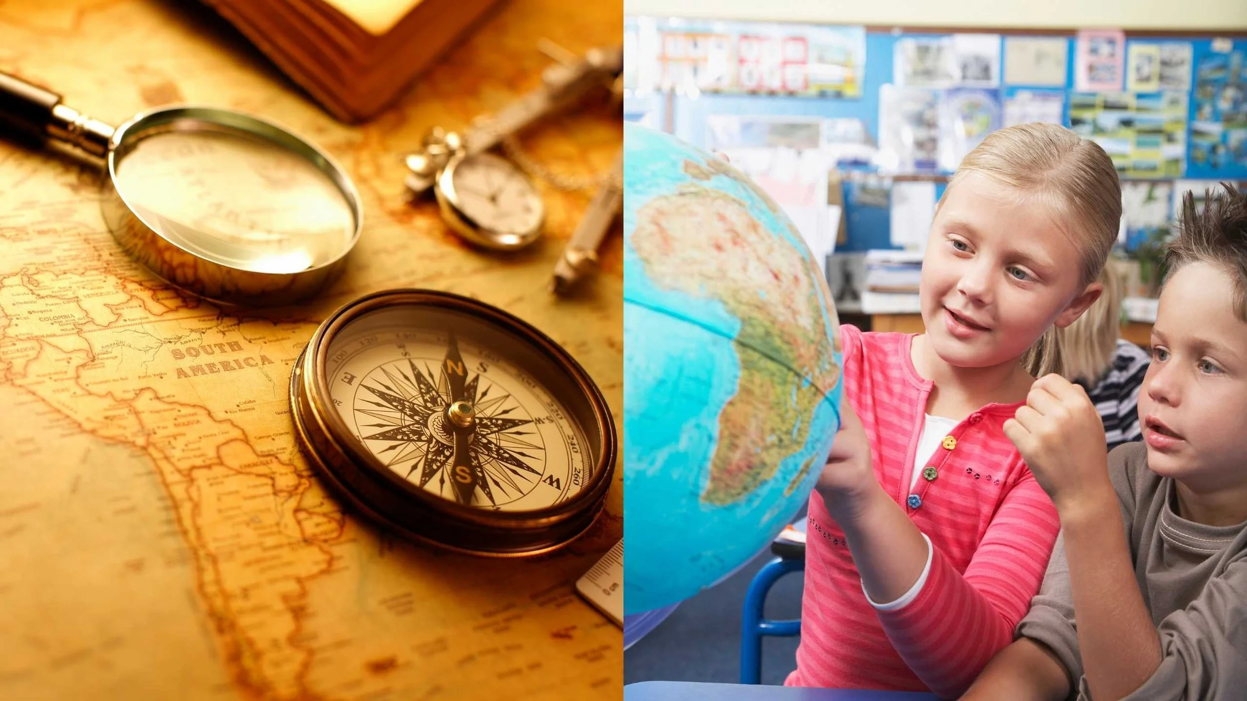 Map and compass beside children studying a globe