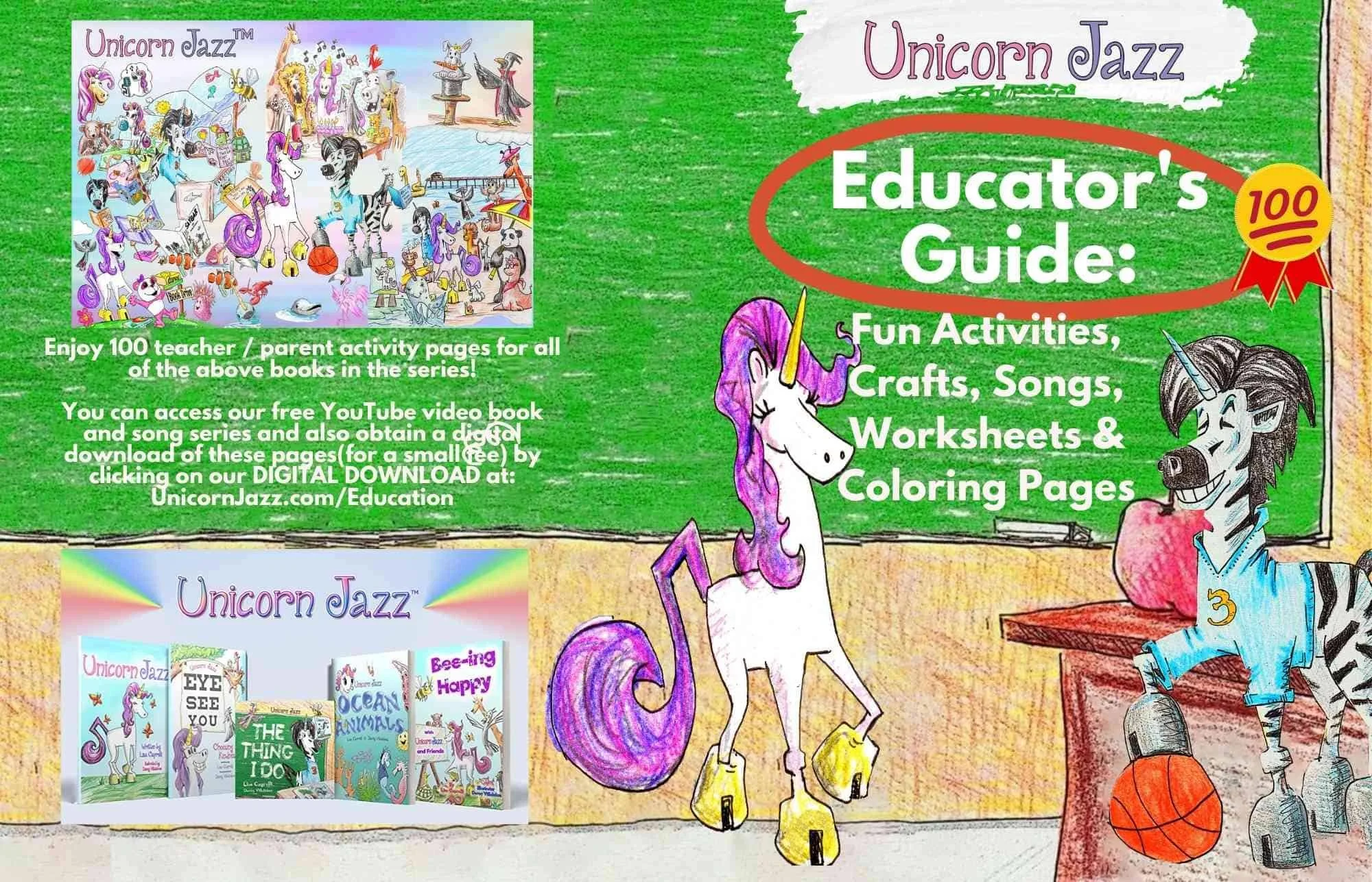 Unicorn Jazz Educator’s Guide graphic with illustrated characters and activity resources.