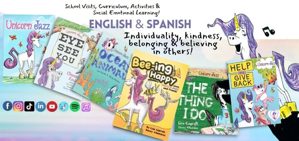 Unicorn Jazz promotional graphic with children’s book covers, illustrated unicorn characters and English and Spanish text.