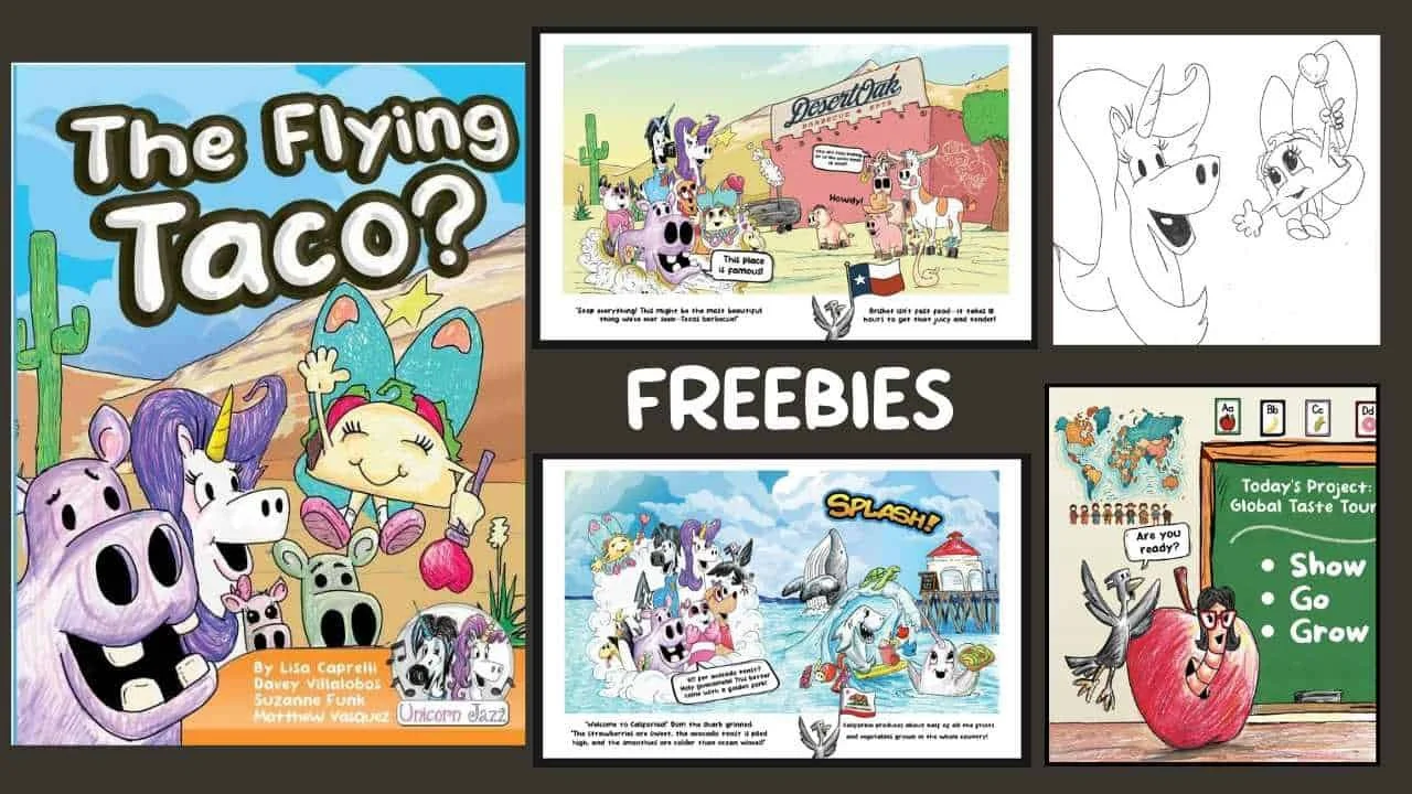 The Flying Taco book cover and sample illustrated and coloring pages in a promotional collage.
