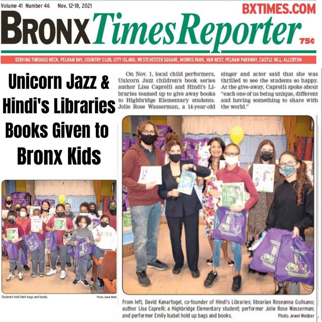 Bronx Times coverage of Unicorn Jazz and Hindi’s Libraries donating books to Bronx students