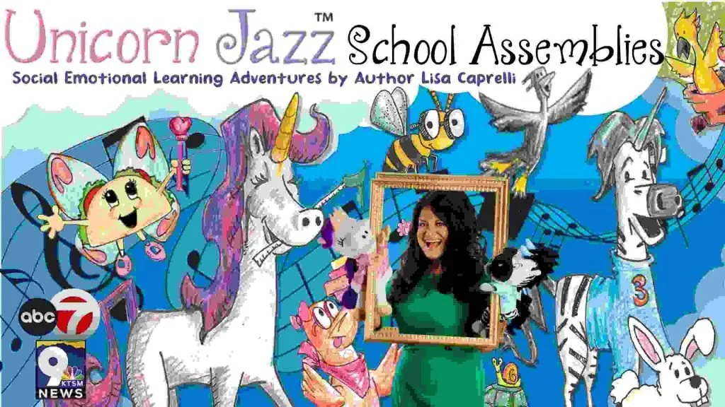 Lisa Caprelli bringing Unicorn Jazz books and characters to a school visit