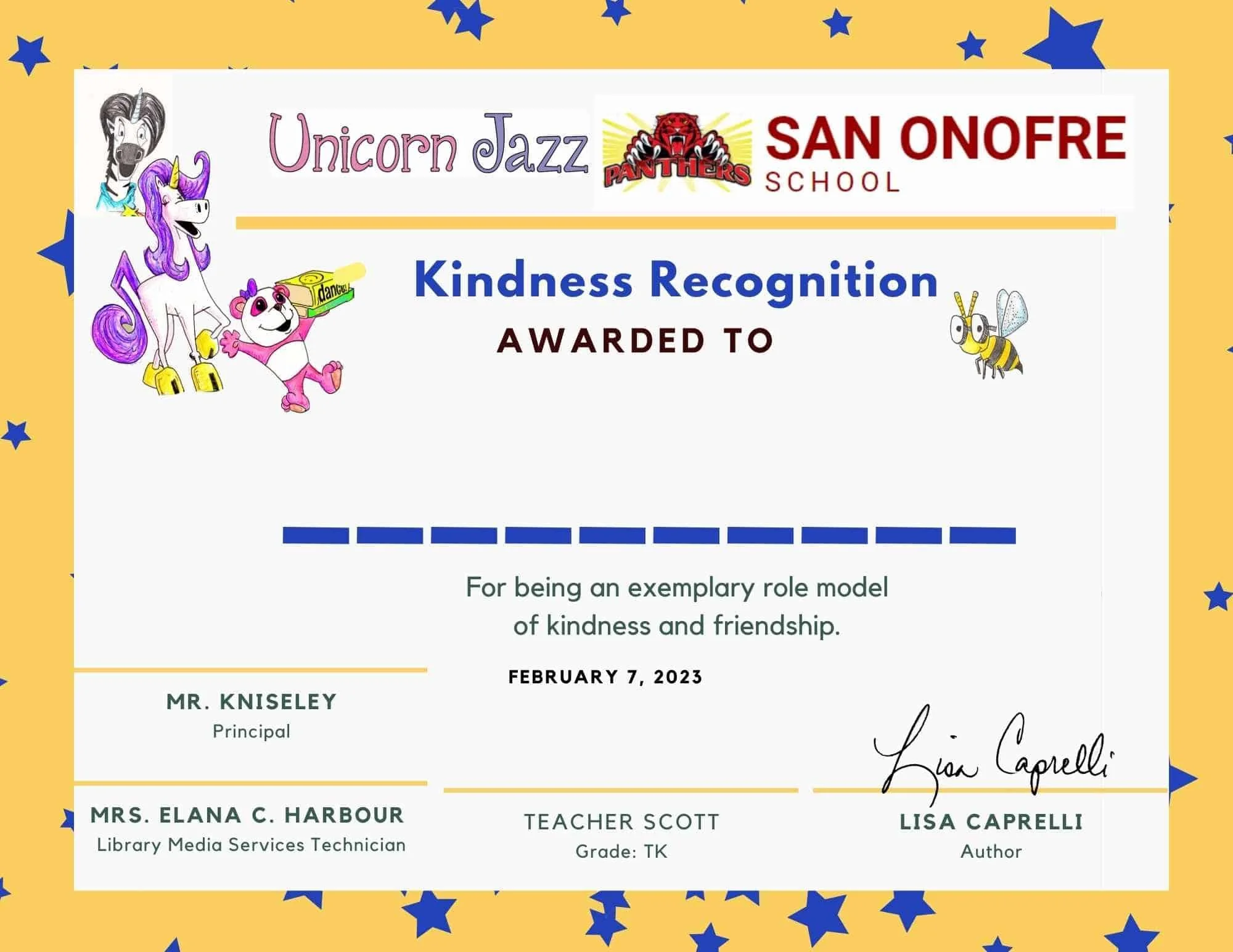 San Onofre School Kindness Recognition certificate template dated February 7, 2023.