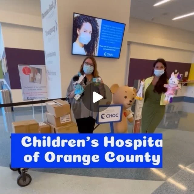 Lisa and CHOC staff with books and Unicorn Jazz puppets in hospital lobby; square Instagram reel preview.