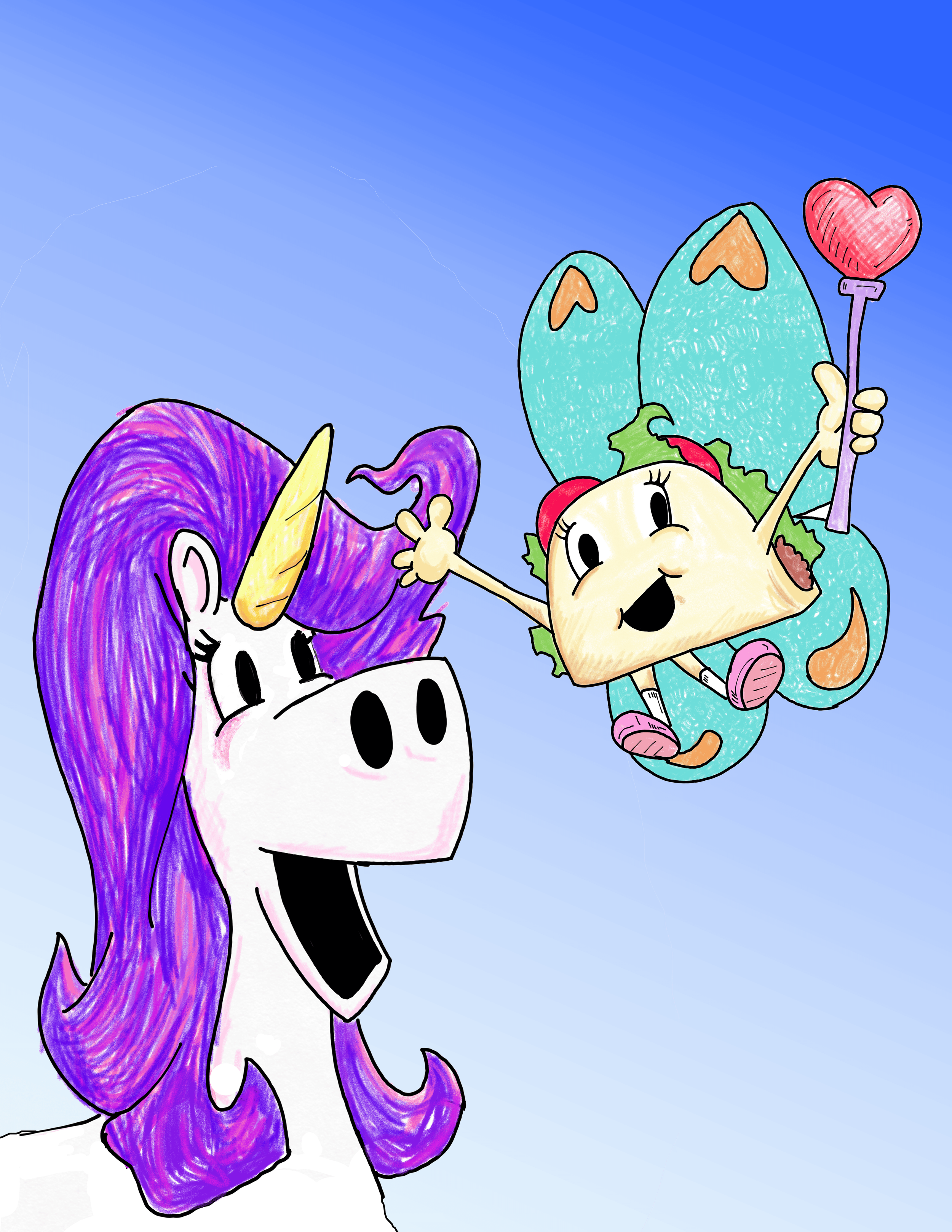 Jazz the unicorn with a winged taco holding a heart-shaped wand against a blue background.