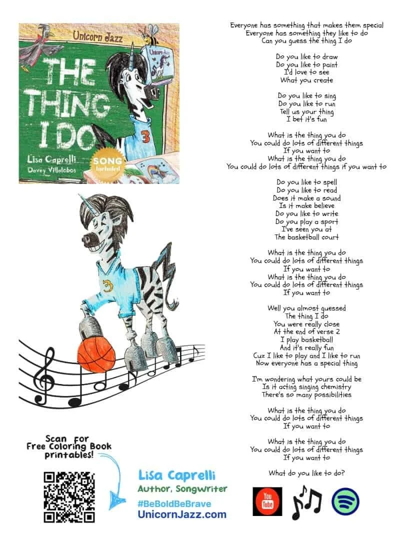 The Thing I Do book cover, zebra character, song lyrics and a QR code.