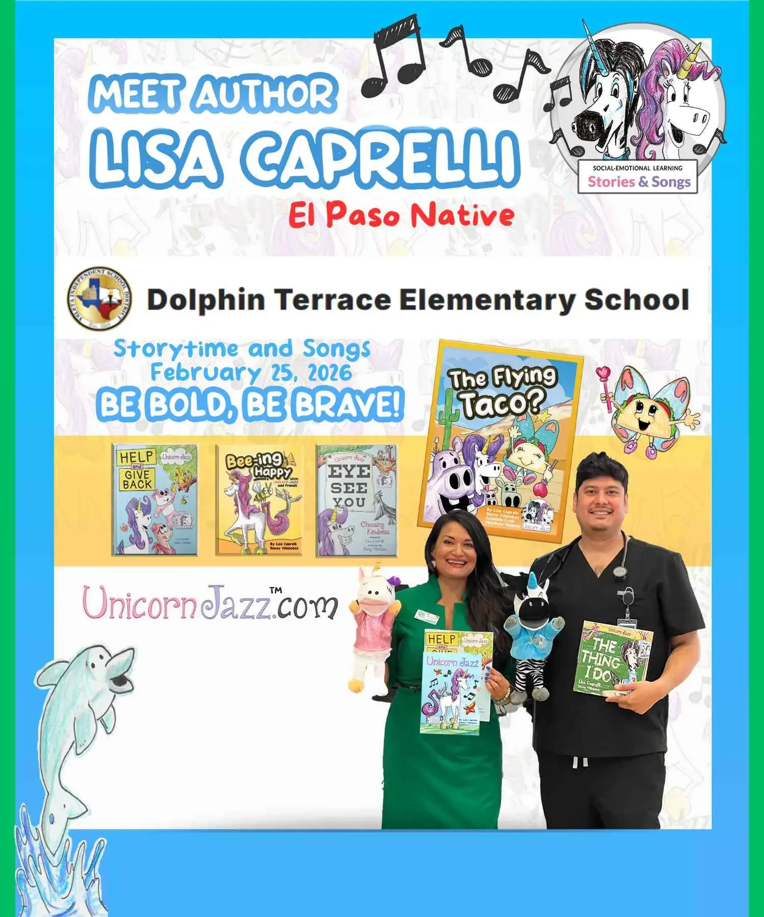 Dolphin Terrace Elementary School promotional collage with books, two adults and February 25, 2026 text.