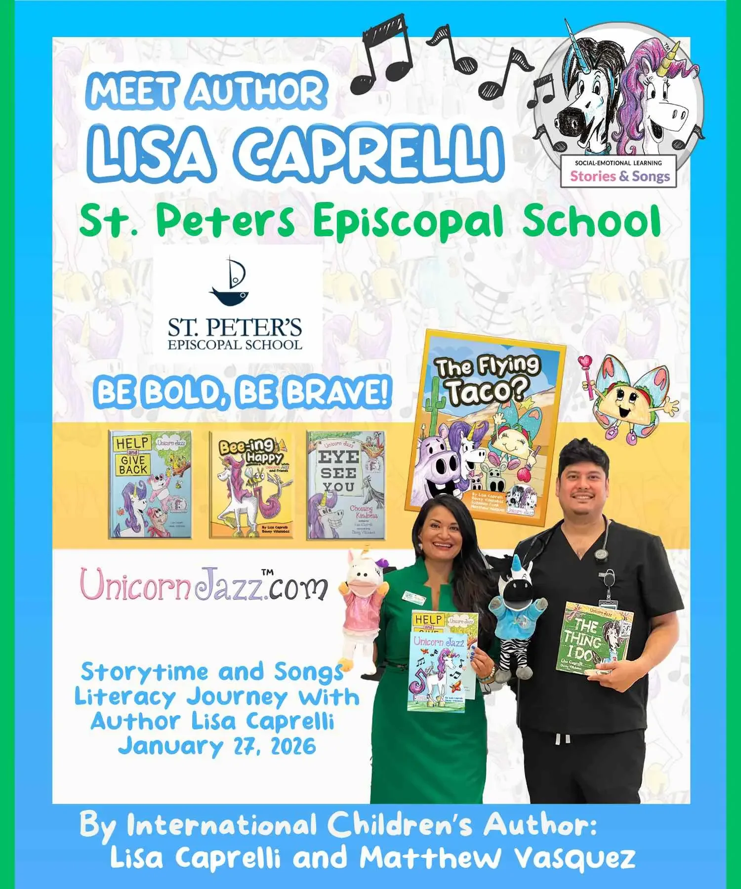 St. Peter’s Episcopal School promotional collage with two adults holding books and plush characters, labeled January 27, 2026.