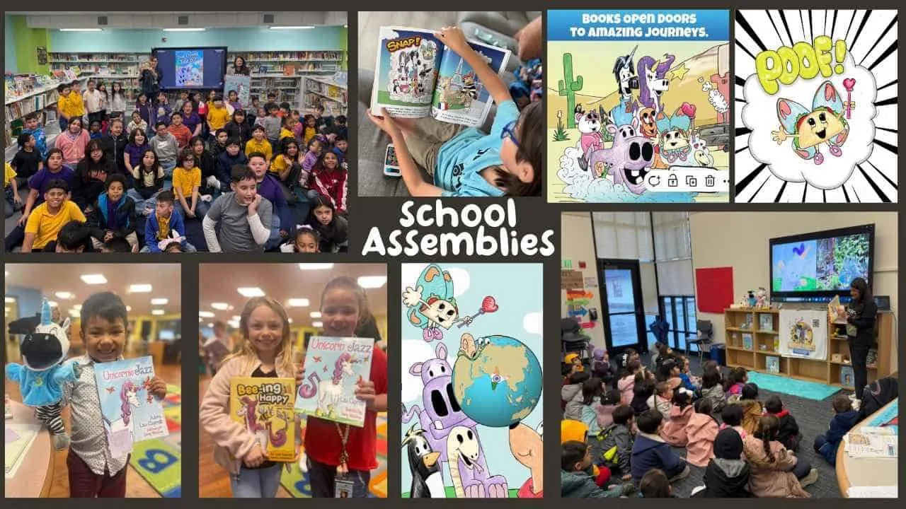 Students reading Unicorn Jazz books and participating in school assemblies