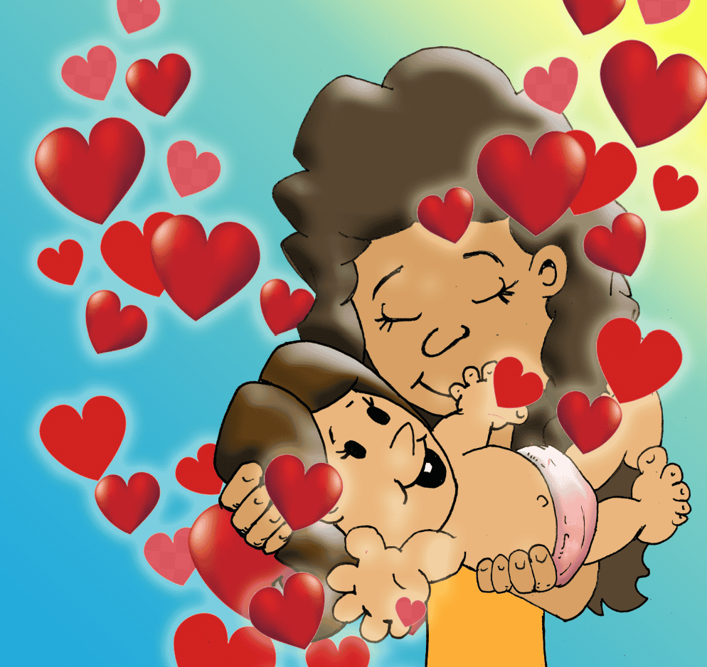 Illustration of an adult cradling a baby, surrounded by red hearts.
