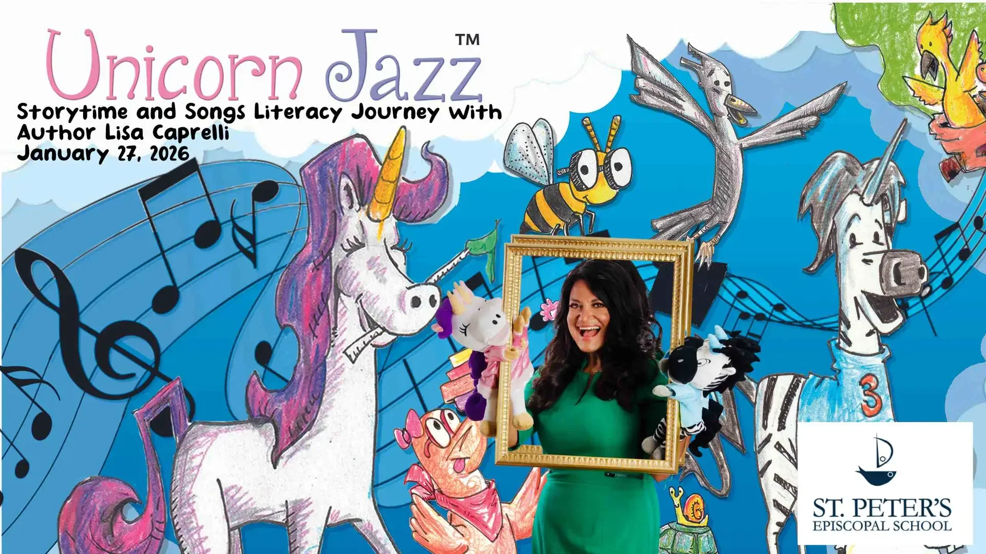 Archived St. Peter’s Episcopal School promotional graphic for a Unicorn Jazz storytime and songs program, labeled January 27, 2026.