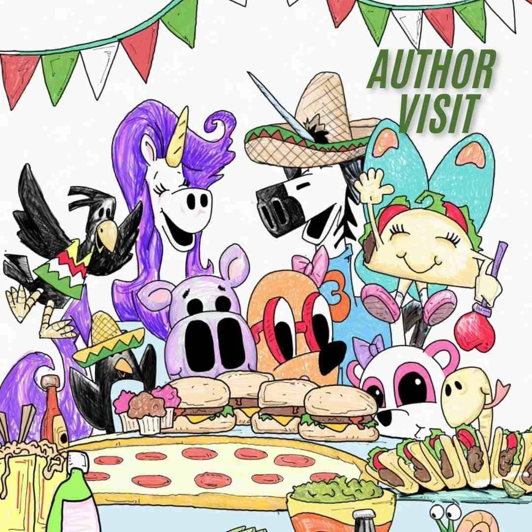 Unicorn Jazz animal characters with party food beneath an Author Visit heading.
