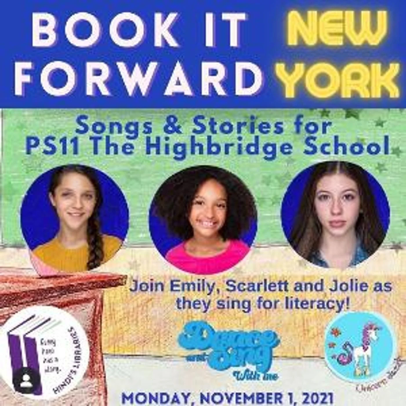 Book It Forward NYC event poster with three young performers and the Unicorn Jazz logo.